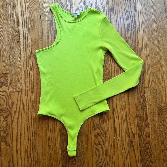 AGolde Bea Asymmetric Cutaway Thong Bodysuit Lime Green Thumb Hole Size Large - Picture 4 of 16